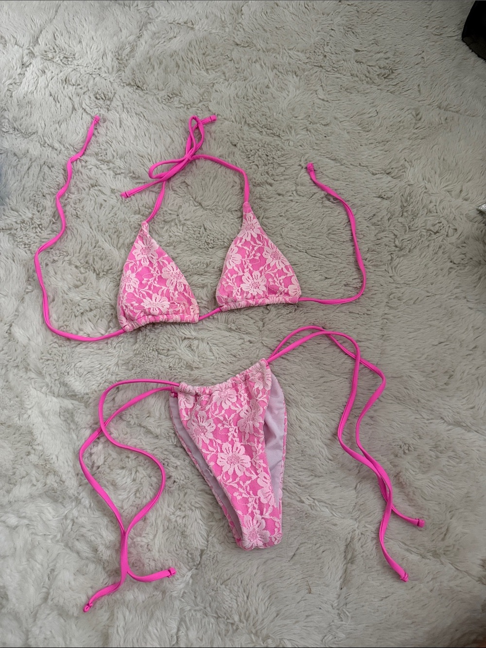 Pink Floral Lace String Bikini Set
